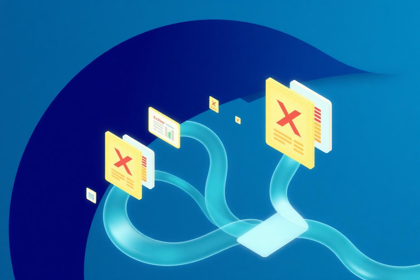 Illustration of business documents and spreadsheets transforming into automated digital workflows